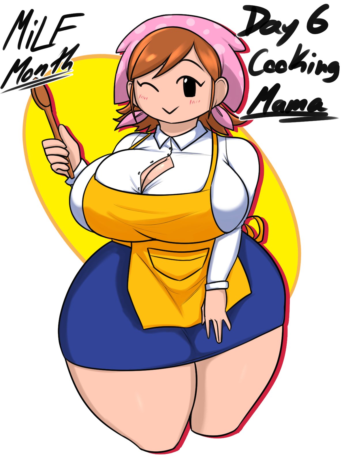 1girls, apron, big breasts, blush, boob window, breasts, brown hair, clothed, clothing, cooking mama, cute, female, female only, jyto, large breasts, looking at viewer, mama (cooking mama), milf, mob face, one eye closed, simple background, smile, solo, solo female, thick thighs, voluptuous, wholesome, wide hips
