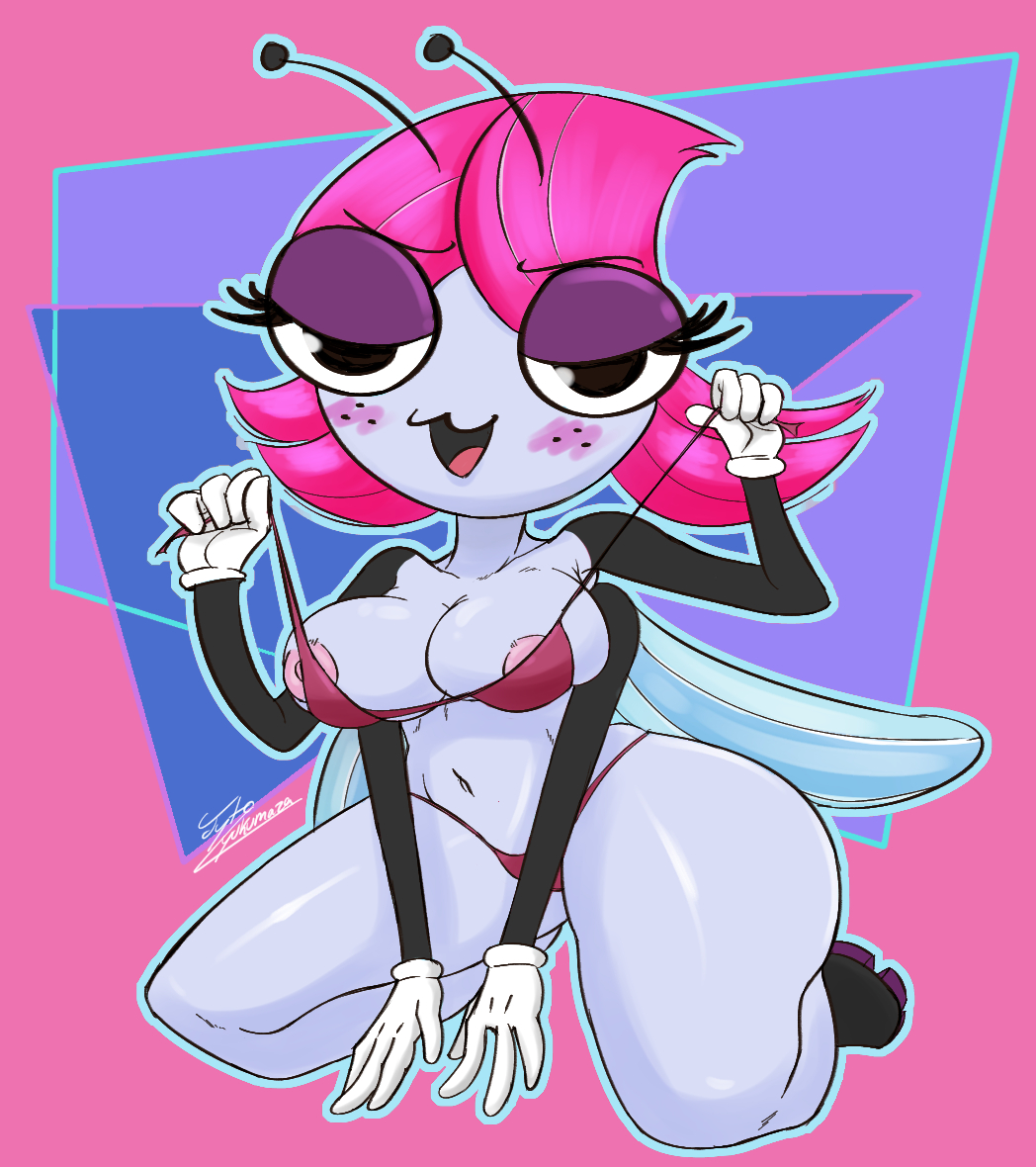 :3, 4 arms, antennae, anthro, areola slip, areolae, ass, bedroom eyes, bikini, bikini pull, black eyes, breasts, cleavage, disney, eyelashes, female, female only, footwear, freckles, front view, full body, gloves, half-closed eyes, huge ass, insects, jyto, kneeling, large breasts, looking at viewer, maggie pesky, multi arm, multi limb, navel, nipple slip, nipples, open smile, pink hair, shoes, short hair, signature, smile, solo, the buzz on maggie, thick thighs, voluptuous, wings