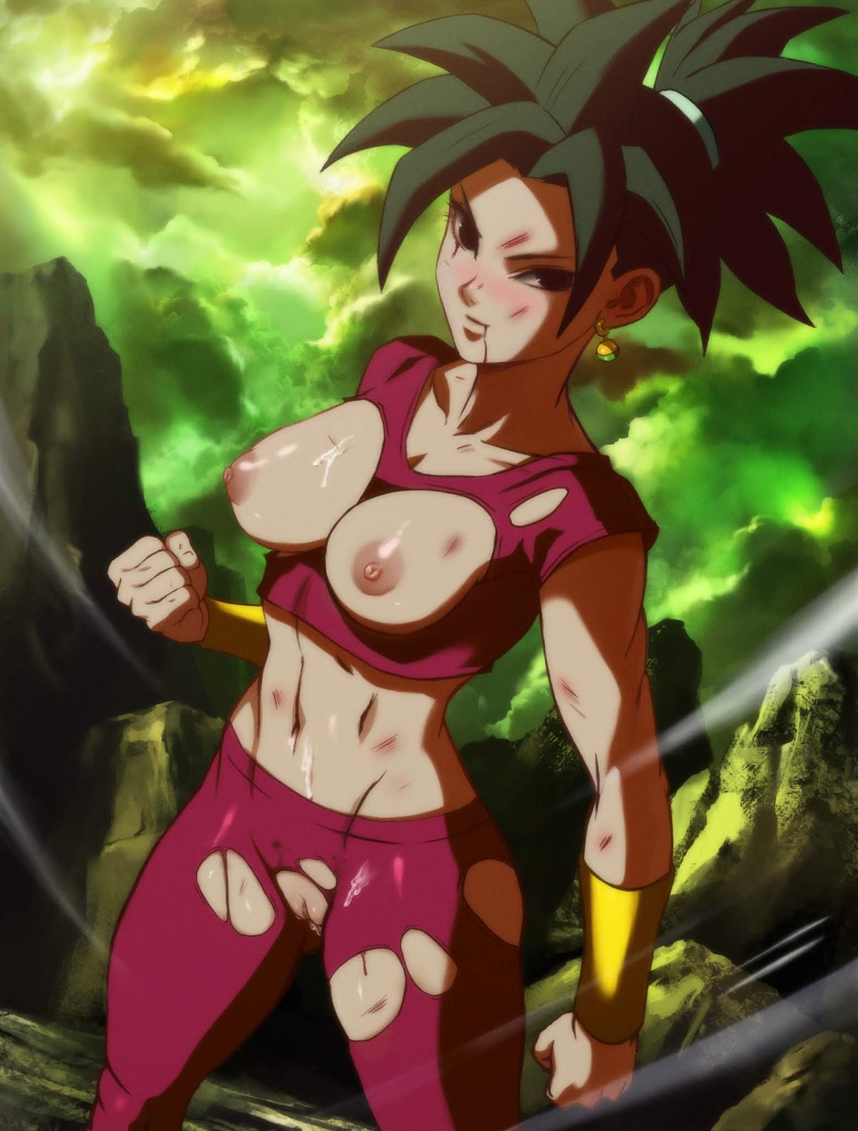 1girls, abs, areolae, black eyes, black hair, bracelet, breasts, dragon ball, dragon ball super, earrings, eyelashes, female, female only, fusion, hairless pussy, kefla, logan cure, long hair, looking at viewer, naughty face, nipples, nudity, pussy, pussy juice, saiyan, shaved pussy, shounen jump, smile, solo, standing, sweat, tied hair, torn clothes, tournament of power, uncensored