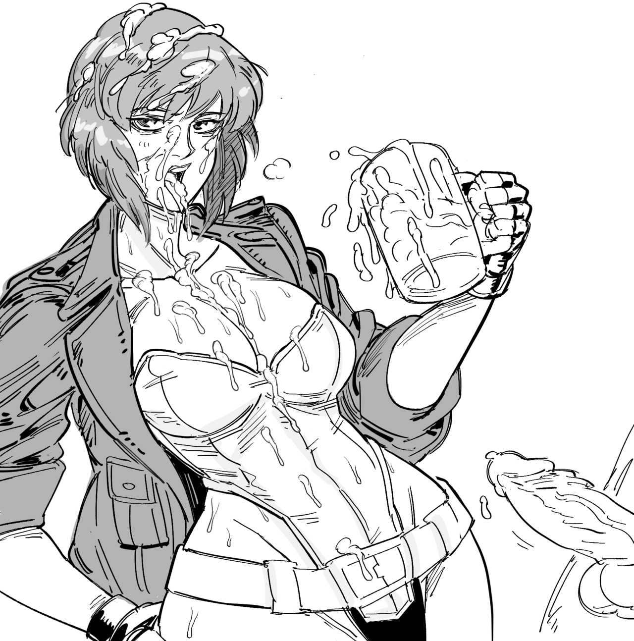 bb (baalbuddy), cum, cum in container, cum in glass, cum on body, cumshot, disembodied penis, female, female protagonist, ghost in the shell, ghost in the shell stand alone complex, gokkun, kusanagi motoko, male, monochrome, penis, white background