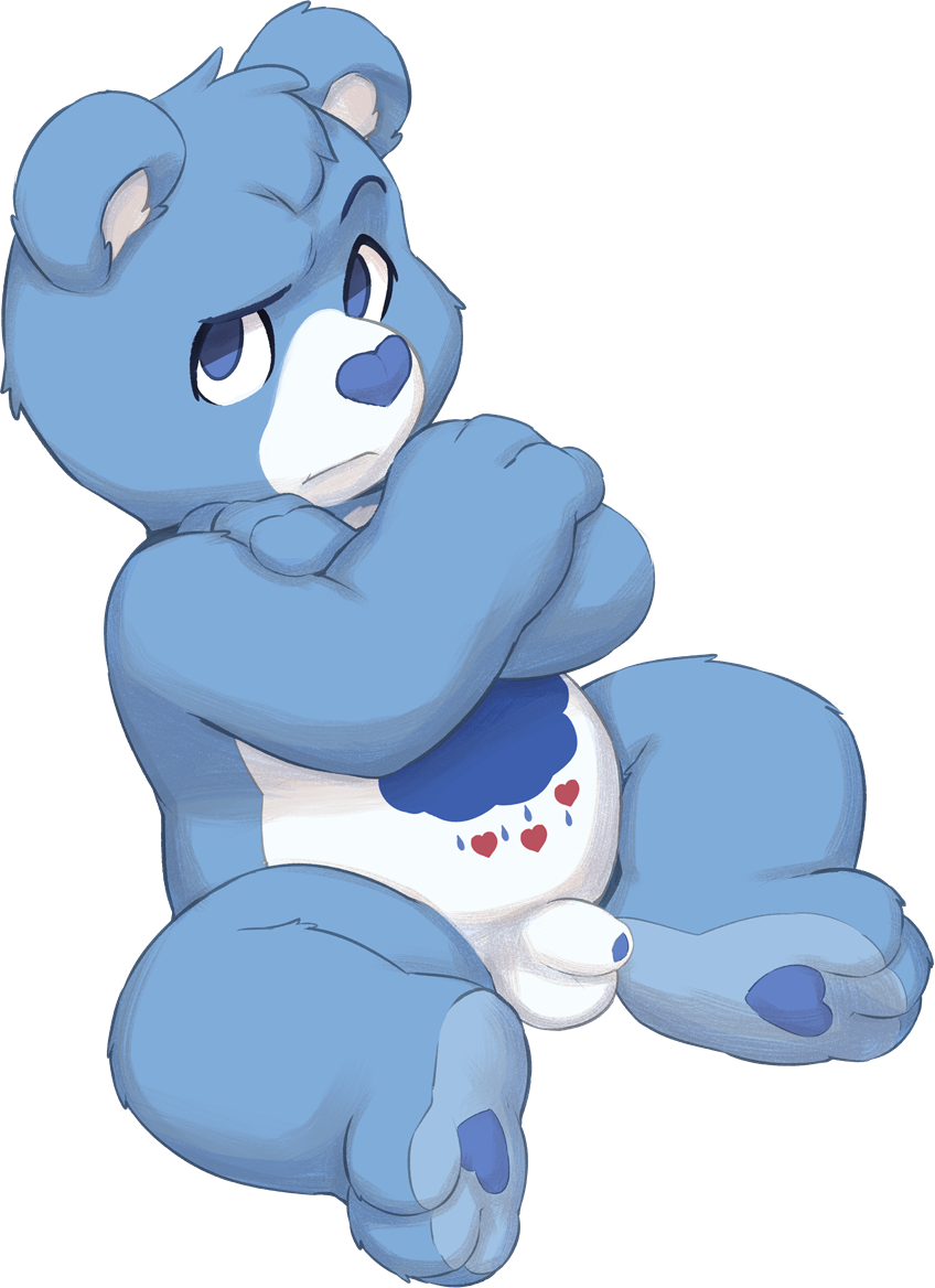 alpha_channel anthro balls bear blue_eyes blue_fur blue_penis care_bears crossed_arms flaccid foreskin fur grumpy_bear humanoid_penis male male_only mammal penis seth-iova simple_background sitting solo spread_legs spreading transparent_background uncut white_fur