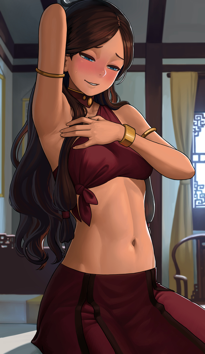 armband armlet avatar_the_last_airbender blue_eyes blush blushing bracelet breasts brunette cleavage clothing collar cowboy_shot dark-skinned_female dark_hair dark_skin female female_only fire_nation_clothing inuit katara lasterk long_hair looking_down medium_breasts navel small_breasts smiling solo sweatdrop teen teen_girl teenage_girl teenager toned_female waterbender