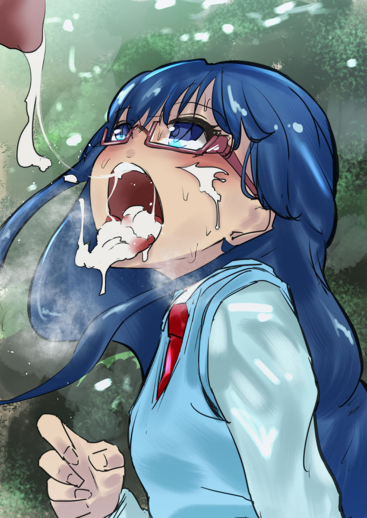 blue_eyes blue_hair blush clothing commentary cum cum_in_mouth facial female glasses green_background hugtto!_precure long_hair open_mouth penis precure pretty_cure red-framed_eyewear red_neckwear school_uniform semi-rimless_eyewear solo sweater_vest tongue tongue_out under-rim_eyewear valtor yakushiji_saaya