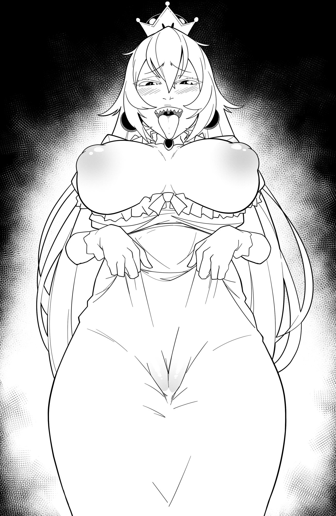 areolae, boosette, breasts, cameltoe, female, female only, huge breasts, khexxi, looking at viewer, mario (series), monochrome, new super mario bros. u deluxe, nintendo, nipples, open mouth, pussy, solo, tongue, tongue out