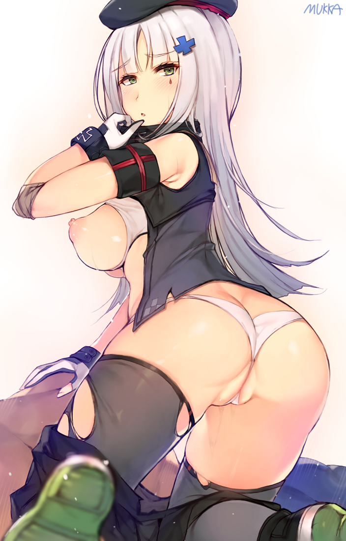 artist_name ass bangs beret black_legwear blunt_bangs blurry blush breasts commentary_request curvy depth_of_field eyebrows_visible_through_hair facial_mark female girls'_frontline gloves green_eyes hair_ornament hat hk416_(girls'_frontline) kneeling large_breasts long_hair looking_at_viewer looking_back mukka nipples panties parted_lips partially_visible_vulva shoes signature sneakers solo teardrop thighhighs torn_clothes torn_thighhighs twisted_torso wedgie white_bikini_bottom white_gloves white_panties