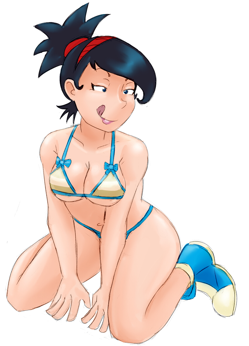 1girls archie_comics bikini bikini_bottom bikini_top black_hair blue_eyes cleavage female galsia jughead_jones licking_lips looking_aside navel rule_63 sneakers striped_bikini swimwear tongue_out underboob