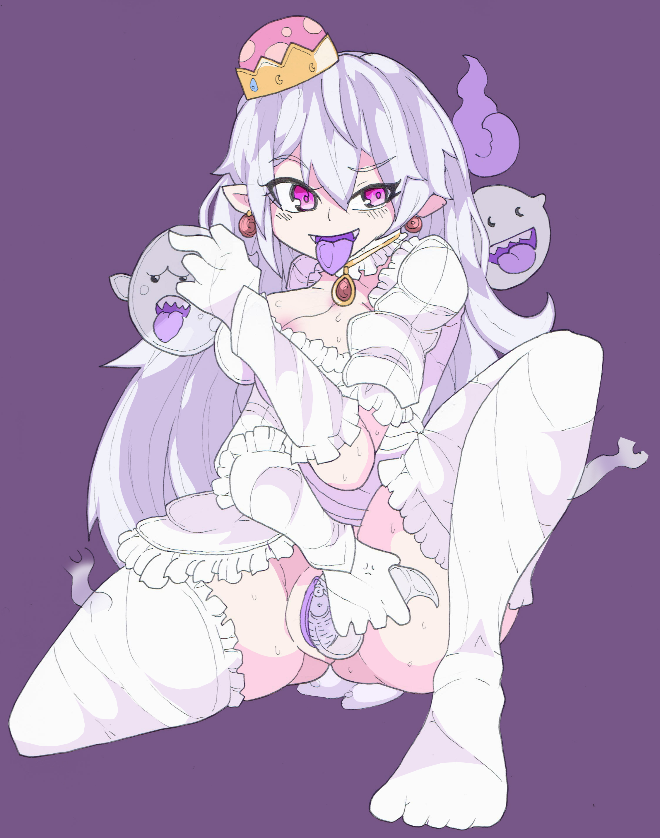 1girls, boo (mario), boosette, clothing, domaniax, dress, fangs, female, female focus, ghost, long hair, luigi's mansion, mario (series), new super mario bros. u deluxe, open mouth, purple background, pussy, simple background, smile, spread pussy, tongue, tongue out, very long hair, vore