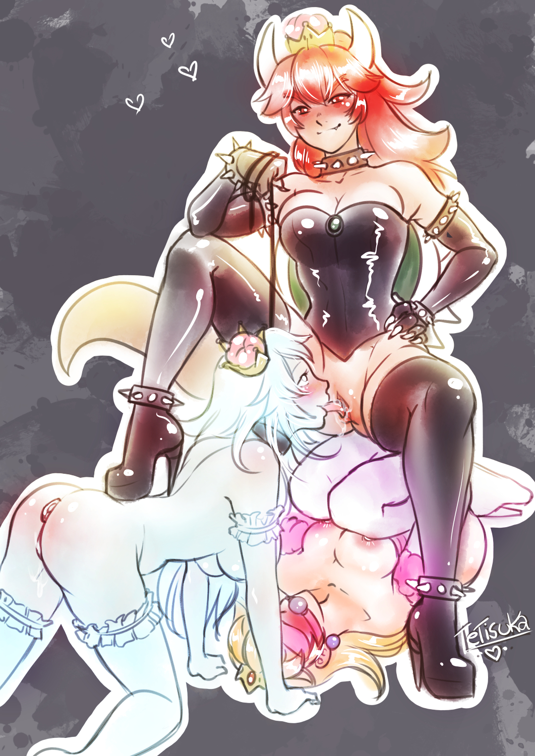 3girls anus areolae ball_gag bondage boosette bowsette breasts collar corset cunnilingus erect_nipples female female_only femdom femsub gag ghost high_heel_boots high_heels hourglass_figure leash mario_(series) multiple_girls new_super_mario_bros._u_deluxe nintendo oral princess_peach pussy red_bowsette restrained rule_63 spiked_anklet spiked_armlet spiked_bracelet spiked_collar spiked_shell super_crown super_mario_bros. tetisuka yuri