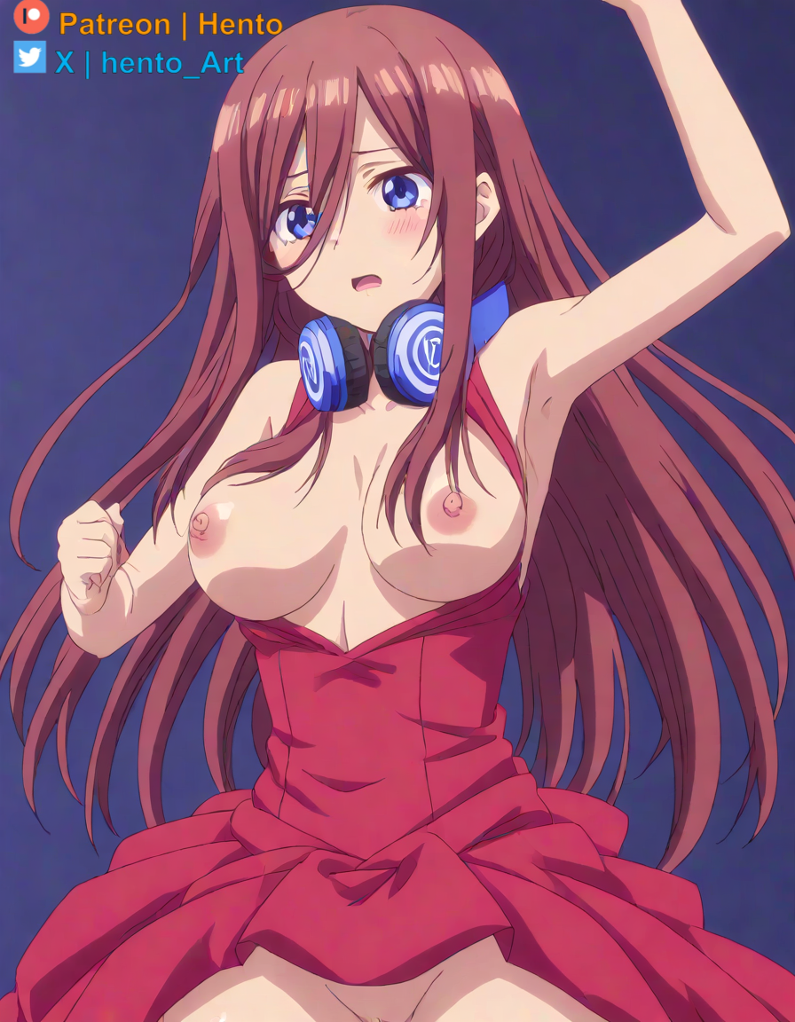 1girls ai_generated blue_eyes breasts brown_hair go-toubun_no_hanayome headphones hento nakano_miku nipples no_bra no_panties tagme