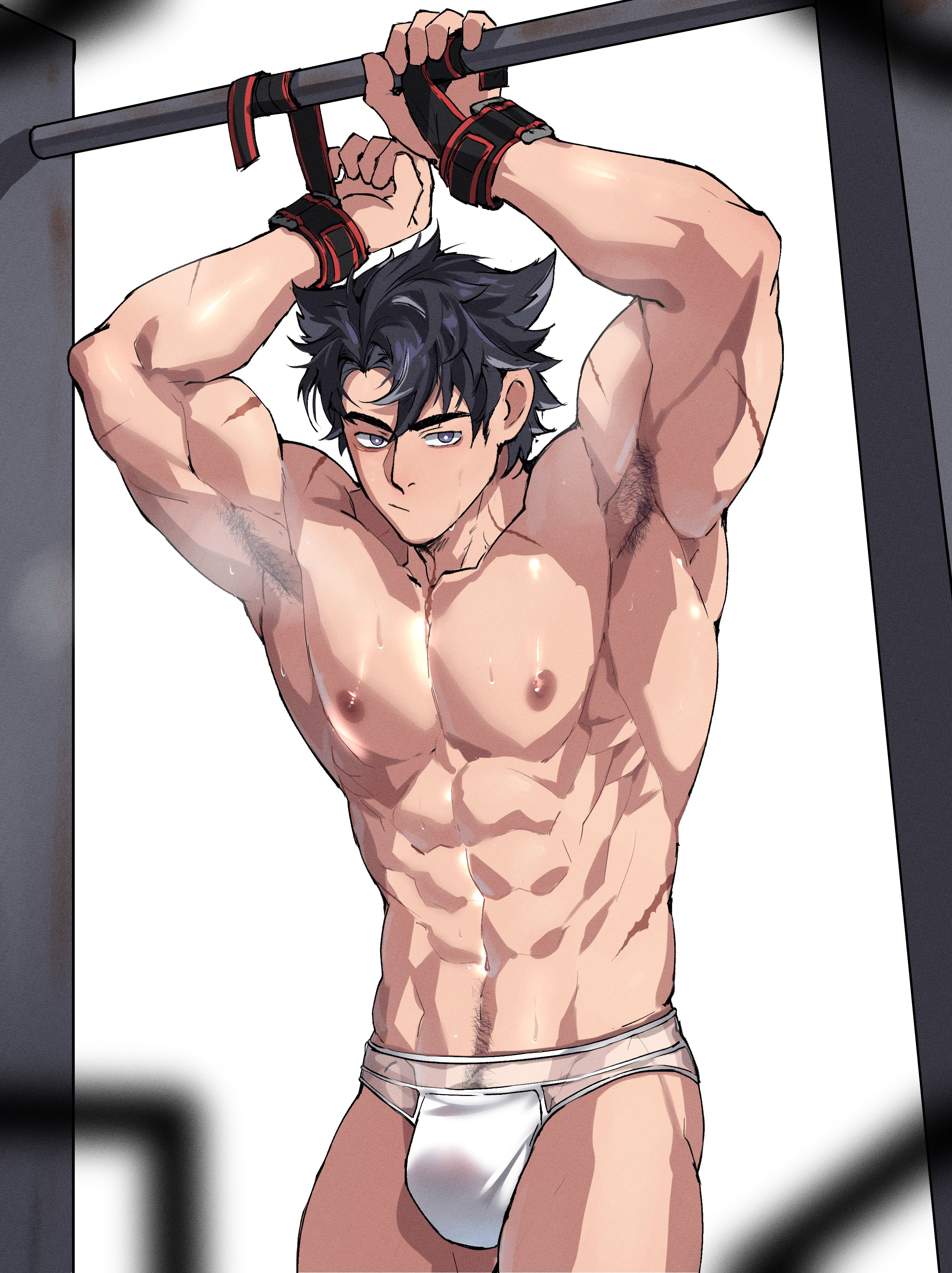 bara, gay, genshin impact, jackray85674939, male, male focus, male only, muscular, muscular male, wriothesley (genshin impact), yaoi