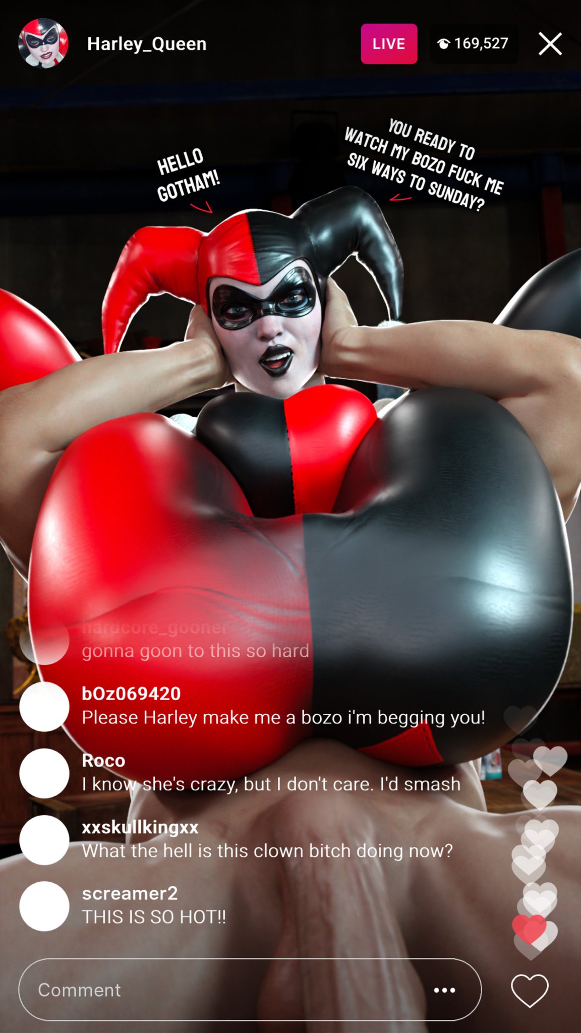 1boy, 1girls, 3d, ass, batman (series), batman: arkham knight, big ass, big breasts, breasts, bust, busty, clown, clown girl, completely naked, completely nude, curvaceous, curvy, curvy figure, dc, dc comics, female, female focus, full color, fully clothed, harley quinn, harley quinn (classic), harley quinn (injustice), hips, hourglass figure, huge ass, huge breasts, injustice 2, jester, jester cap, jester costume, jester girl, jester hat, jester outfit, large ass, large breasts, legs, light skin, light-skinned female, male, mature, mature female, no penetration, nude, nude male, slim waist, smitty34, text, thick, thick hips, thick legs, thick thighs, thighs, top heavy, voluptuous, waist, wide hips