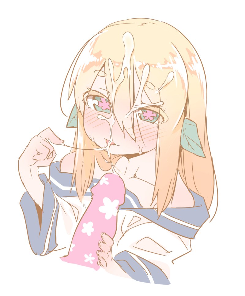 blonde hair, blush, character request, cum, facial, female, hair between eyes, leaf, long hair, male, off shoulder, penis, raigou, simple background, solo focus, symbol-shaped pupils, white background