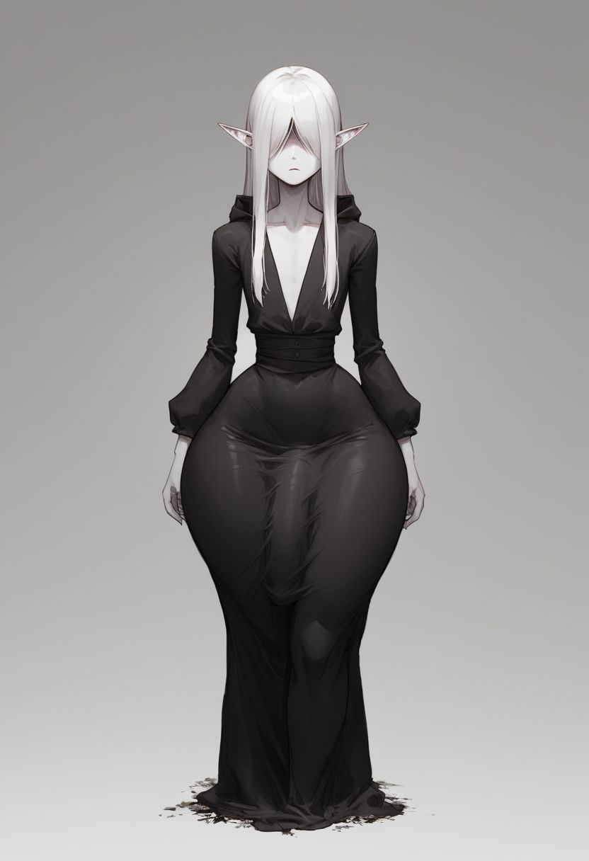 1boy, ai generated, big penis, black dress, dress, eyes covered, femboy, femboyarashi, ghost, ghost boy, girly, hair covering eyes, huge cock, looking at viewer, male, male only, penis, penis under clothes, sissy, wide hips