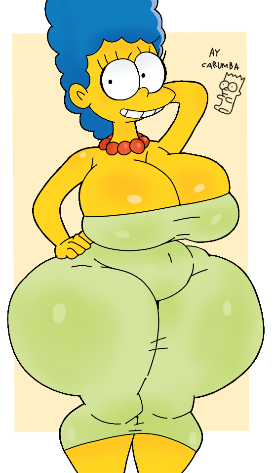 big_ass big_breasts blue_hair collar curly_hair female_only furu_flami huge_breasts marge_simpson mature_female meme milf smiling the_simpsons thick_thigh white_background yellow_background yellow_body yellow_skin