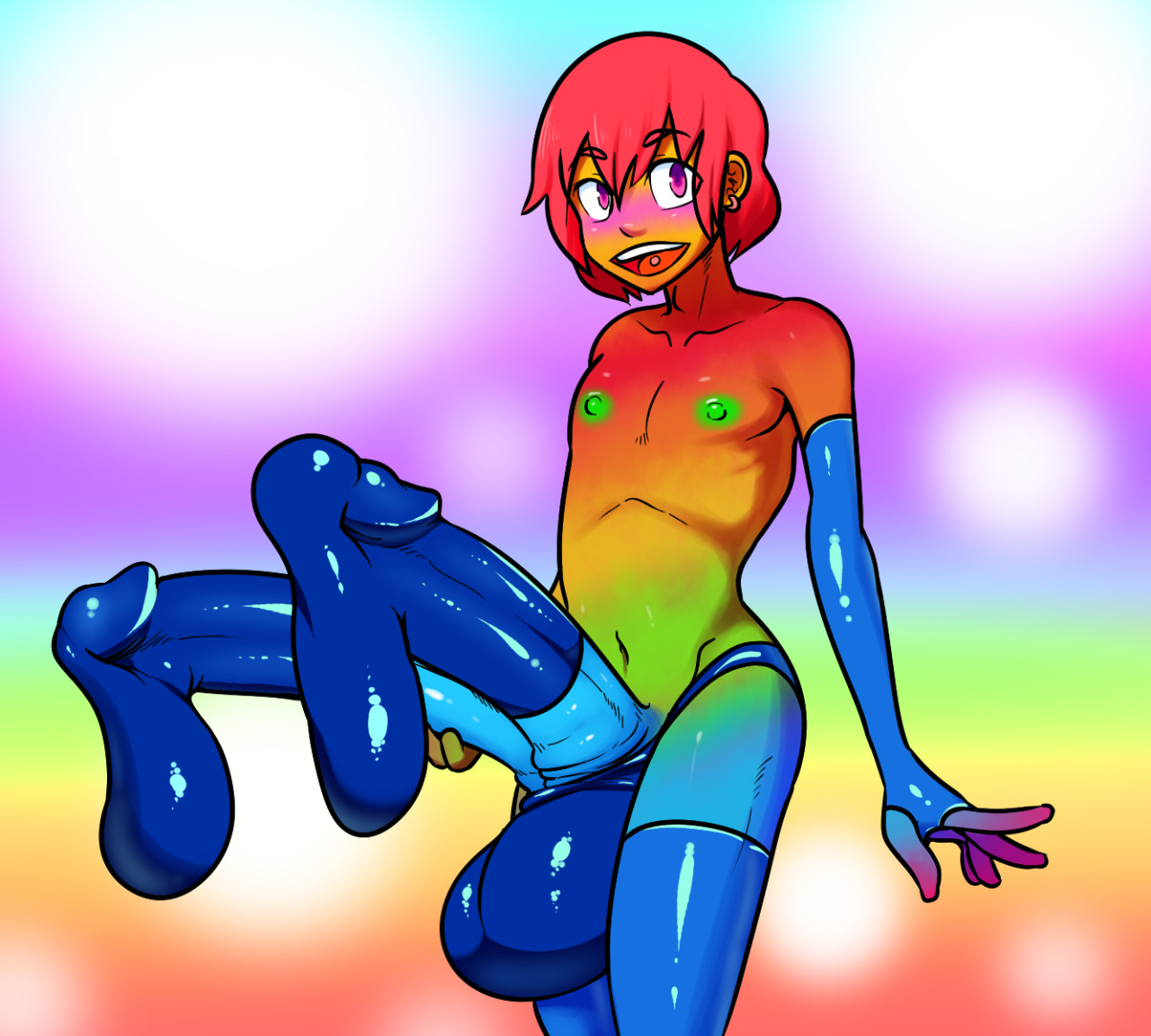 1boy, arm gloves, balls, barbell piercing, blue condom, blue gloves, blue thighhighs, condom, condom on penis, diphallia, diphallism, earring, erection, femboy, filled condom, fingerless gloves, frenulum, glans, green nipples, heavy blush, huge balls, huge cock, humanoid, latex, male, male only, multi genitalia, multi penis, navel, non-human, octoboy, penis, penis out, purple eyes, rainbow background, rainbow skin, red hair, sidesack, smile, solo, standing, thick cum, thighhighs, thong, tongue piercing