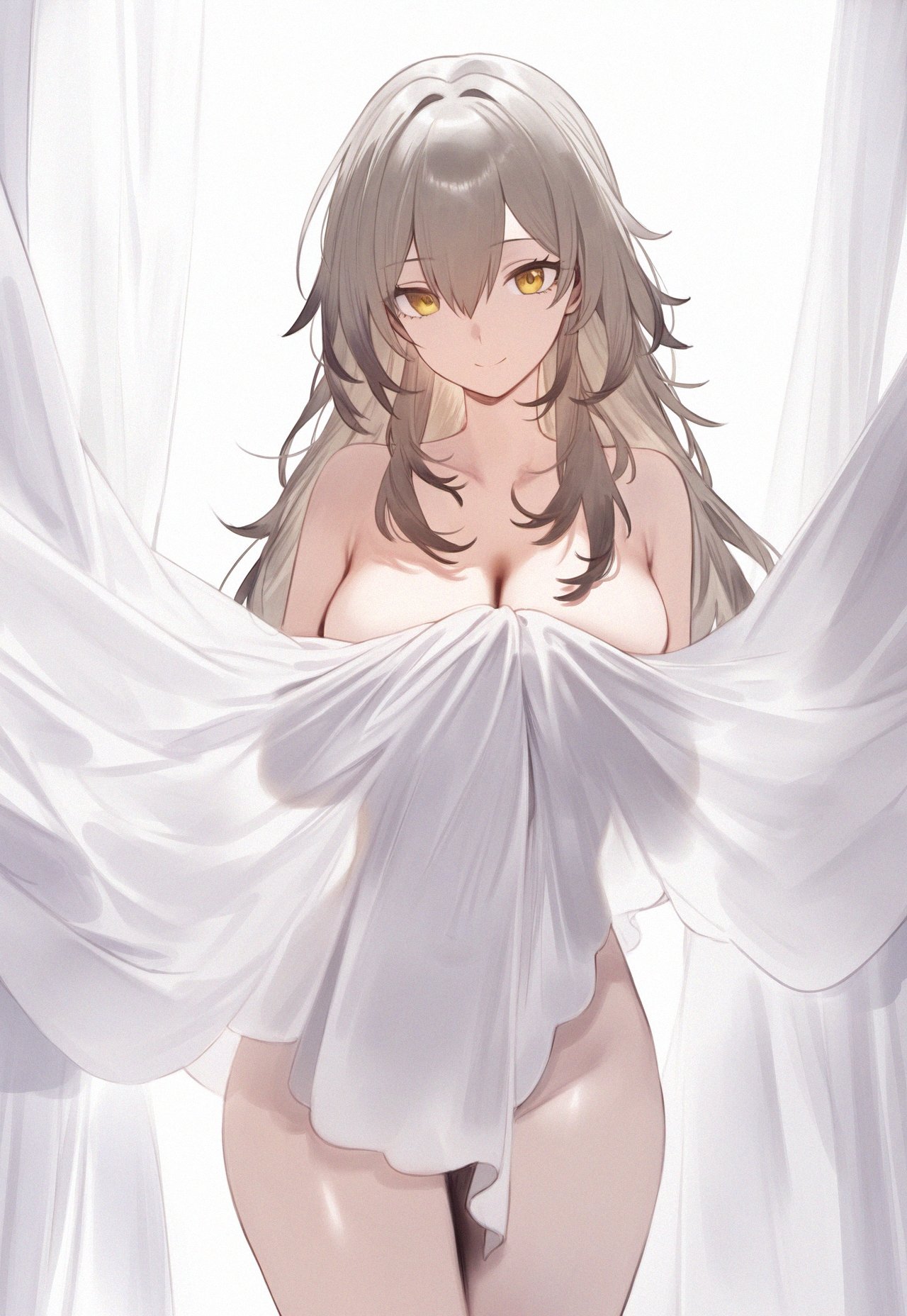 1girls, covering, curtains, female, honkai: star rail, nude, pale skin, see-through, stelle (honkai: star rail)