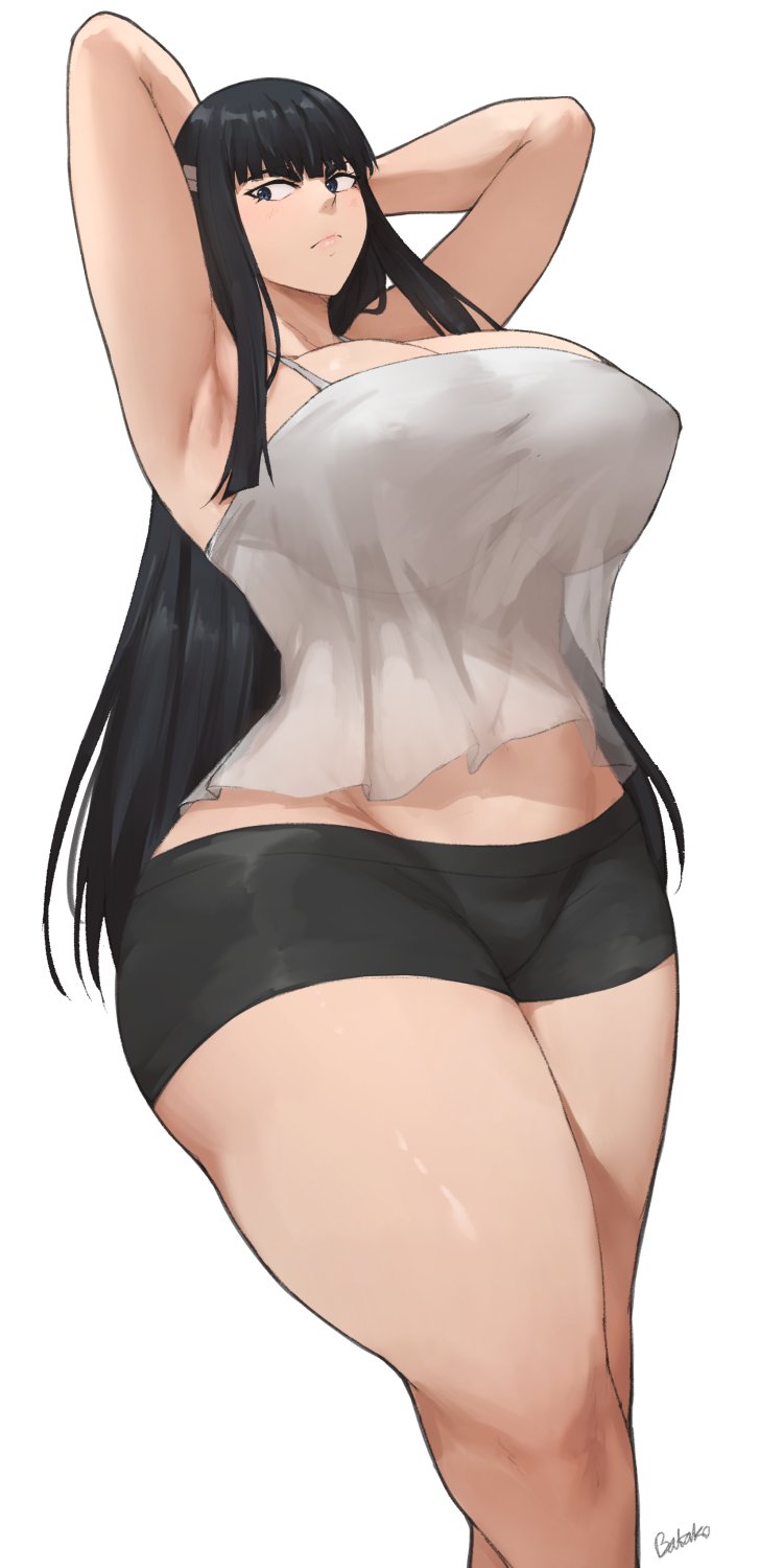 1girls anime bakaatako black_hair black_shorts clothed clothed_female female female_focus female_only kill_la_kill kiryuuin_satsuki light-skinned_female light_skin long_hair manga shorts solo solo_female solo_focus tanktop thick_thighs thighhighs walking white_tank_top