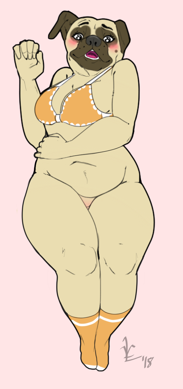 2018 5_fingers anthro black_nose blush bojack_horseman bottomless bra breasts canine canine cleavage clothed clothing female full-length_portrait fur hand_on_stomach humanoid_hands lavasi legwear mammal navel open_mouth pickles_aplenty portrait pug simple_background slightly_chubby socks solo tan_fur thick_thighs underwear voluptuous white_background