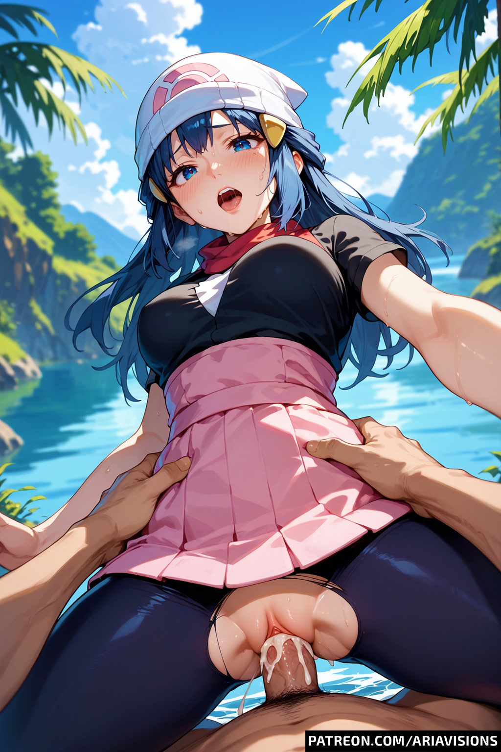 adult ai_generated ariavisions blue_eyes blue_hair cap cum_in_pussy dawn_(pokemon) long_hair moaning_in_pleasure pantyhose pokemon sidelocks skirt straddling vaginal_penetration vaginal_sex