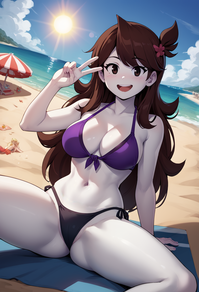 1girls ai_generated beach big_breasts bikini blush breasts brown_hair clothed female female_only jaiden jaiden_animations jizzler22 looking_at_viewer ocean outdoors seaside self_upload solo spread_legs v_sign youtube youtuber