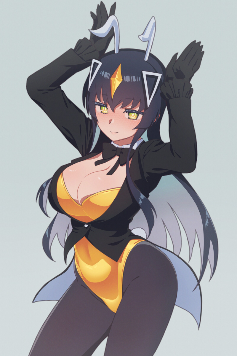 1girls antennae arms_up black_hair blush breasts female gloves himokawa_udon jacket large_breasts leotard long_hair looking_at_viewer pantyhose personification rabbit_ear_gesture smile solo ultra_kaijuu_gijinka_keikaku ultraman_(franchise) yellow_eyes zetton