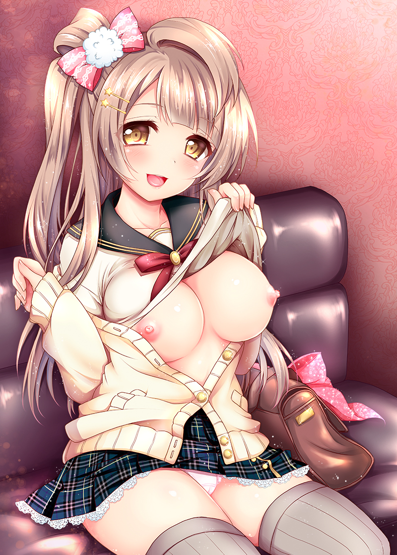 1girls breasts brown_hair geko grey_legwear love_live! love_live!_school_idol_project medium_breasts minami_kotori nipples panties pink_panties shirt_lift skirt smile solo solo_female solo_focus thighhighs yellow_eyes