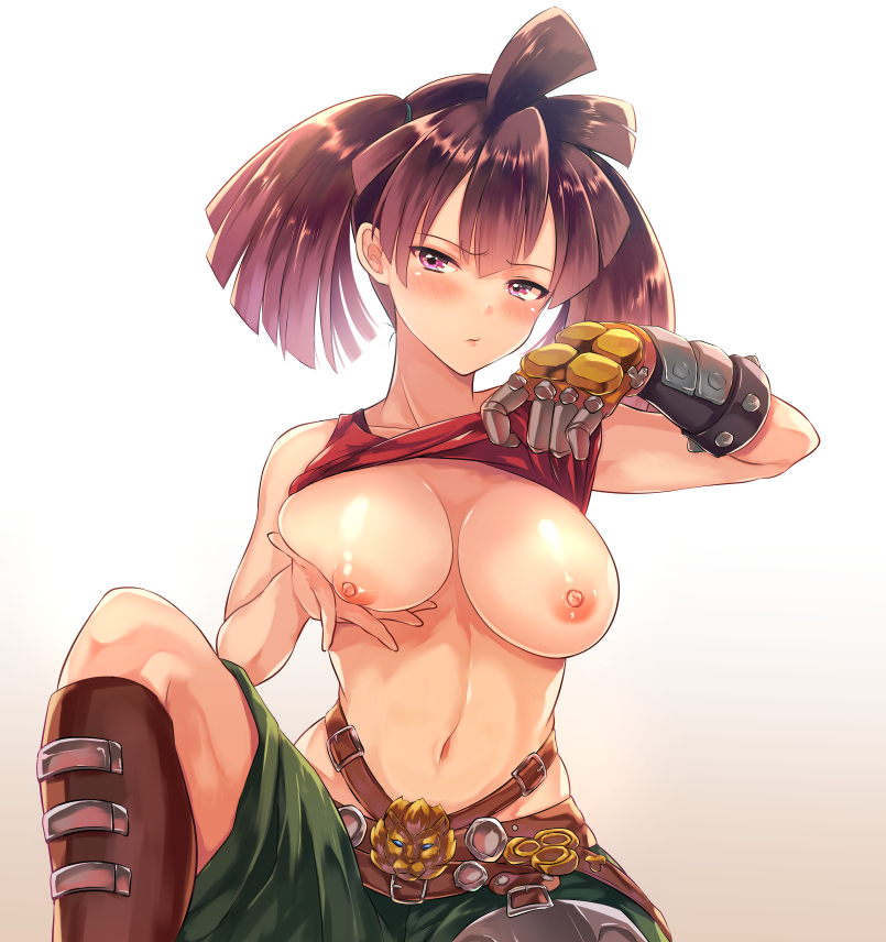 bare_shoulders belt belt_buckle blush boots breast_lift breasts buckle calm_mashiro cestus_(sekaiju) clothing etrian_odyssey female gauntlets large_breasts long_hair looking_at_viewer navel nipples purple_eyes purple_hair sekaiju_no_meikyuu sekaiju_no_meikyuu_5 shirt_lift single_gauntlet sitting solo tank_top tank_top_lift twintails