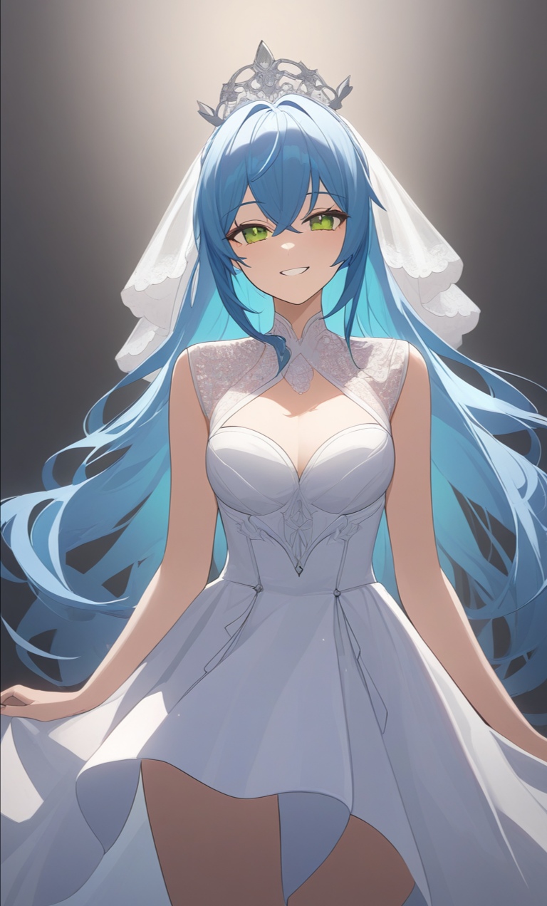 ai_art ai_generated amber_lightvale blue_hair breasts crown glitchtale green_hair long_hair smiling wedding_dress