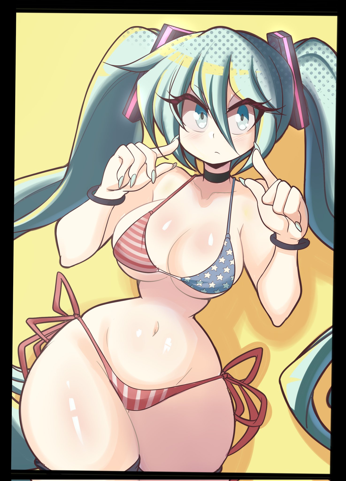 1girl, american flag bikini, american miku, aqua eyes, aqua hair, big breasts, bikini, border, bracelet, breasts, choker, cleavage, curvy, female, flag print, hatsune miku, jewelry, large breasts, long hair, looking at viewer, lucyfercomic, national personification, navel, side-tie bikini bottom, solo, swimsuit, thick thighs, thighhighs, twintails, very long hair, vocaloid, wide hips, yellow background