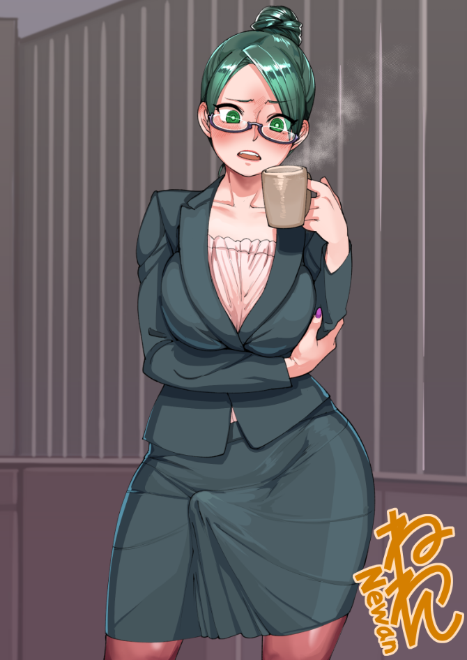 1futa, big breasts, blush, breasts, bulge, clothed, clothing, coffee, dickgirl, dress, erection, erection under clothes, erection under skirt, fully clothed, futa only, futanari, glasses, green eyes, green hair, hairbun, human, intersex, light skin, light-skinned futa, neone-x, office lady, pale skin, pencil skirt, penis, solo, standing