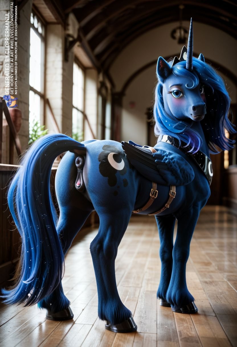 ai_generated alicorn animal_genitalia animal_pussy blue_eyes blue_hair equid equine equine_genitalia equine_pussy female female_feral female_only feral feral_only friendship_is_magic furry hasbro hooves horn horse my_little_pony pony princess_luna_(mlp) pussy realistic smile sparkling_hair