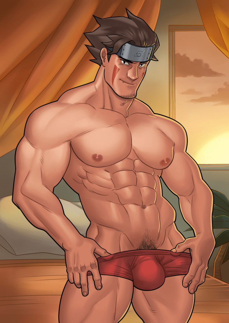 balls bulge dongsaeng face_markings facial_hair flaccid headband inuzuka_kiba male male_only masculine muscular naruto penis solo solo_male underwear underwear_only