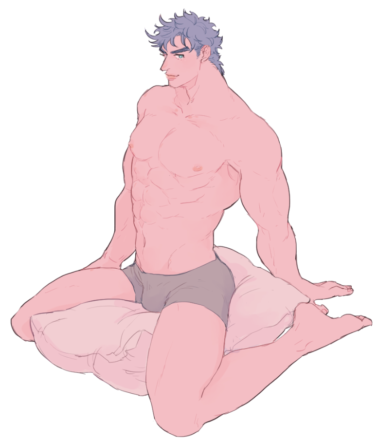 1boy battle_tendency boxers bulge bulge_through_clothing jojo's_bizarre_adventure joseph_joestar male male_only muscular_male on_pillow solo