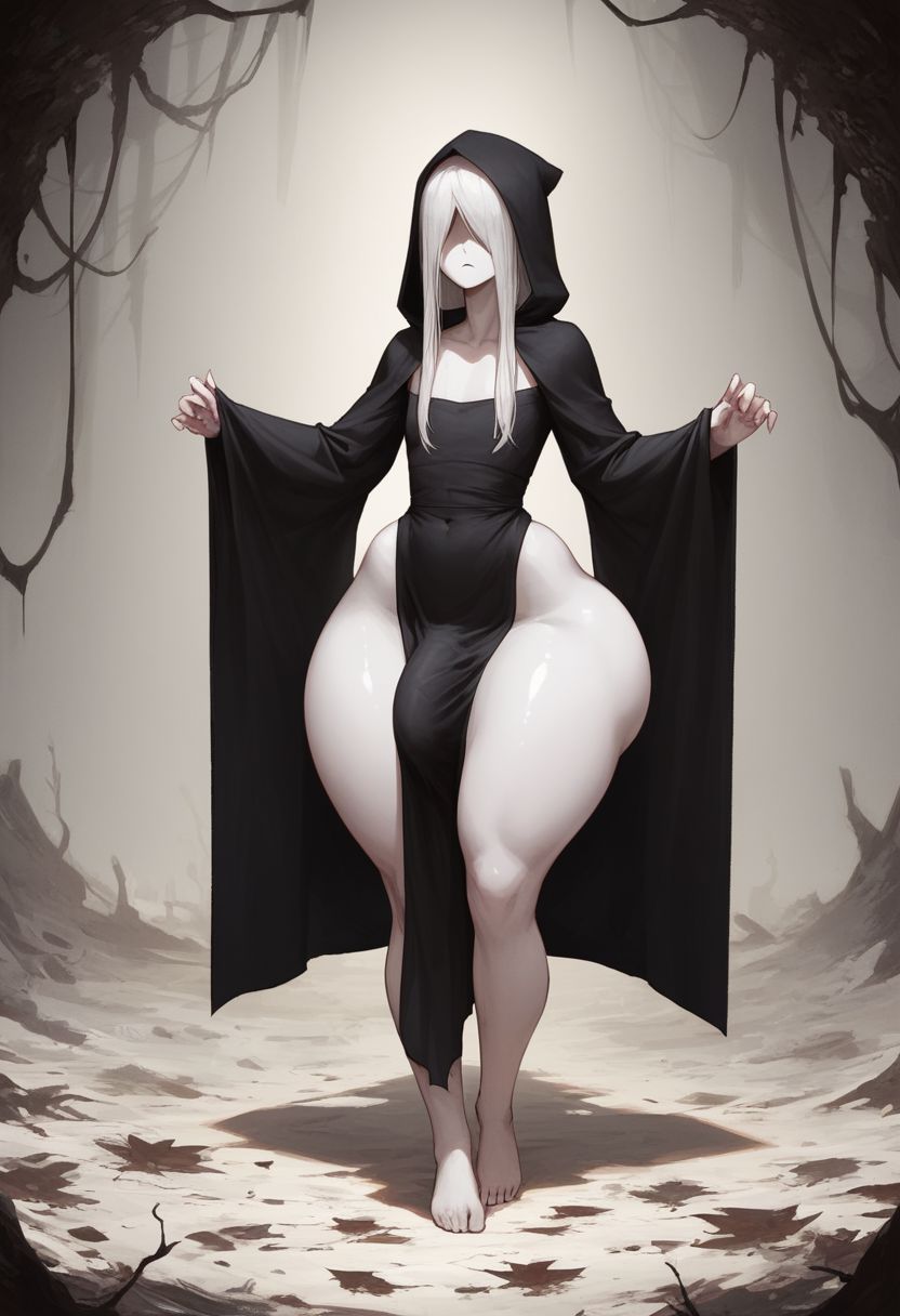 1boy, ai generated, big penis, black dress, dress, eyes covered, femboy, femboyarashi, ghost, ghost boy, girly, hair covering eyes, huge cock, looking at viewer, male, male only, penis, penis under clothes, sissy, wide hips