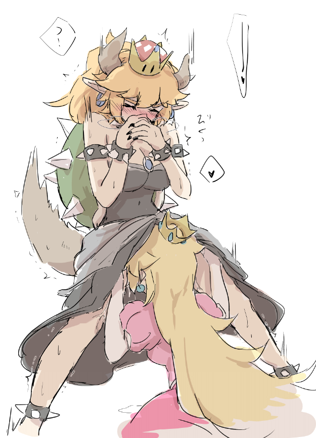 2girls bare_shoulders blonde_hair blush bowsette covering_mouth cunnilingus genderswap genderswap_(mtf) head_under_skirt heart horns implied_cunnilingus implied_oral long_hair mario_(series) multiple_girls nejikyuu new_super_mario_bros._u_deluxe nintendo oral princess_peach puffy_short_sleeves puffy_sleeves rule_63 short_sleeves sketch super_crown super_mario_bros. yuri