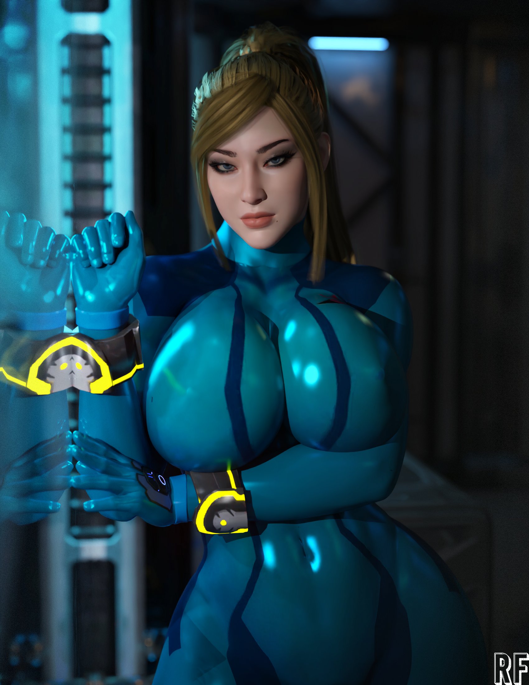 1girls, 3d, big breasts, blonde hair, blue eyes, bodysuit, breasts, breasts squeezed together, female, huge breasts, metroid, milf, nintendo, reflection, rude frog, samus aran, skin tight, tagme, thick thighs, wide hips, zero suit samus