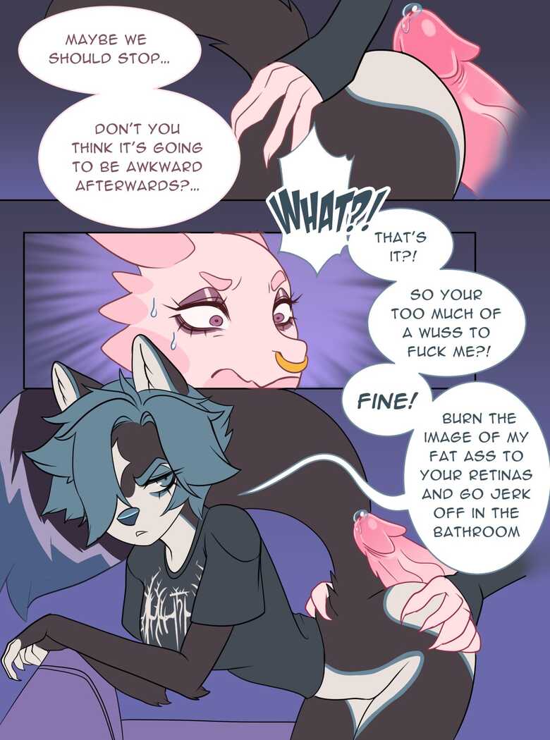 1futa 2girls anthro avian black_body clothed clothing comic dialogue dragon english_text female furry futanari ghastlyfish_(artist) mostly_clothed pink_body source_request tagme text