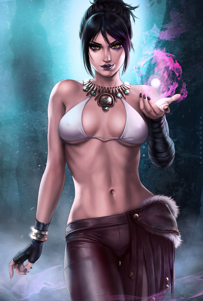 1girls, 2d, abs, black hair, bra, breasts, cleavage, dandon fuga, dragon age, dragon age origins, female, female only, leather pants, looking at viewer, morrigan (dragon age), solo, solo female