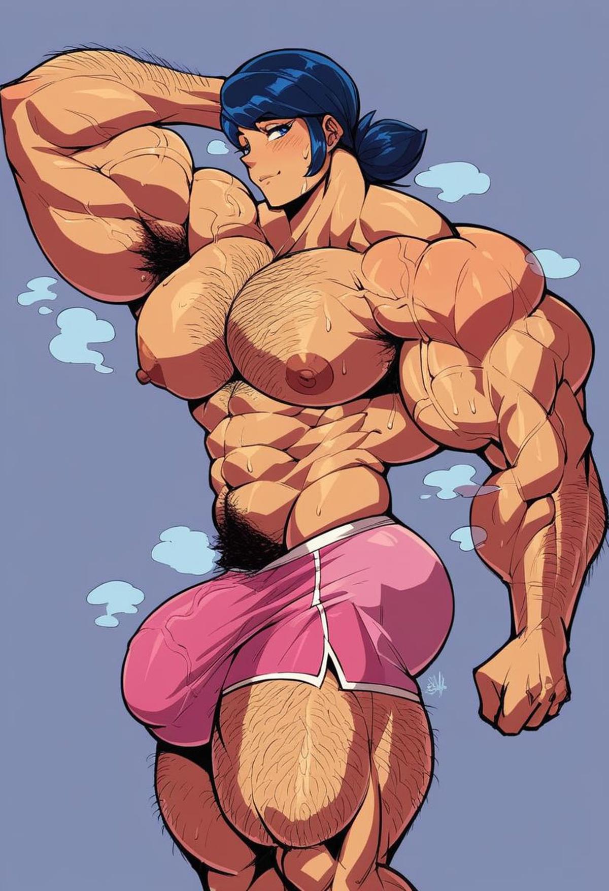 1boy ai_generated ambush_(trap) bubble_butt chest_hair extreme_muscles genderswap_(ftm) hairy_armpits hairy_arms hairy_chest hairy_legs hairy_male hung hyper_muscles large_ass large_bulge large_penis male male_only marinette_cheng marinette_dupain-cheng miraculous:_tales_of_ladybug_and_cat_noir miraculous_ladybug muscular pecs pubic_hair pubic_hair_peek rule_63 solo steaming_body