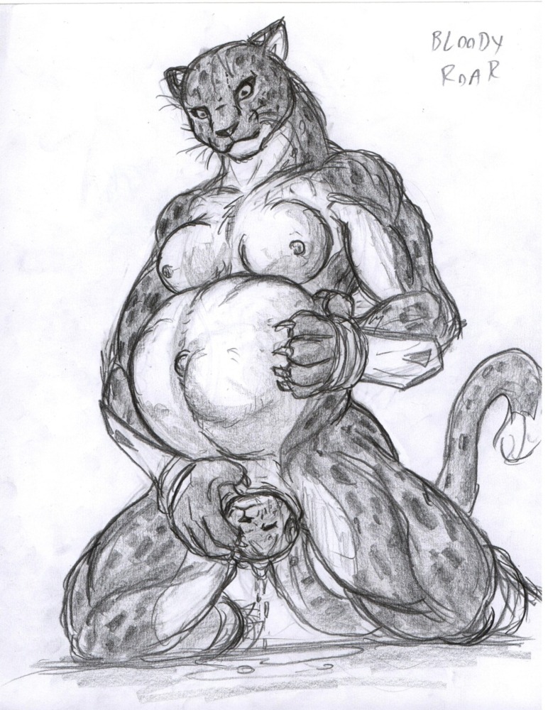 1boy anthro armor birth bloody_roar breasts clothing feline female gauntlets gloves hi_res leopard leovictor64 male male_focus male_only male_with_breasts mammal muscular muscular_male nude pregnant pussy shina_(bloody_roar) shina_the_leopard sketch solo solo_focus