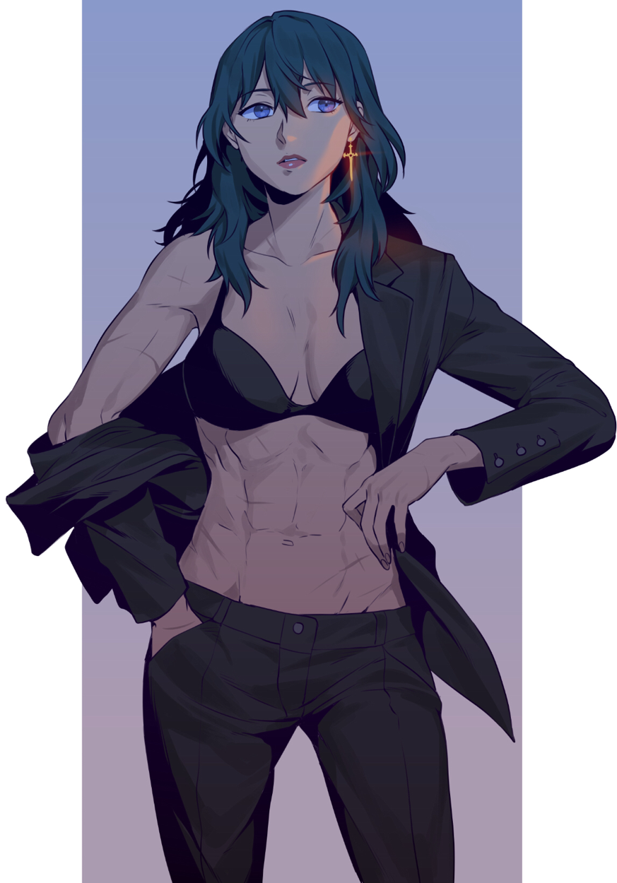 1girls abs black_bra black_pants blue_eyes blue_hair bra breasts byleth_(female)_(fire_emblem) byleth_(fire_emblem) earrings female female female_only fire_emblem fire_emblem:_three_houses hand_in_pocket highres jewelry long_hair looking_to_the_side muscular muscular_female nintendo open_clothes open_shirt pants radiostarkiller small_breasts solo sword_of_the_creator underwear