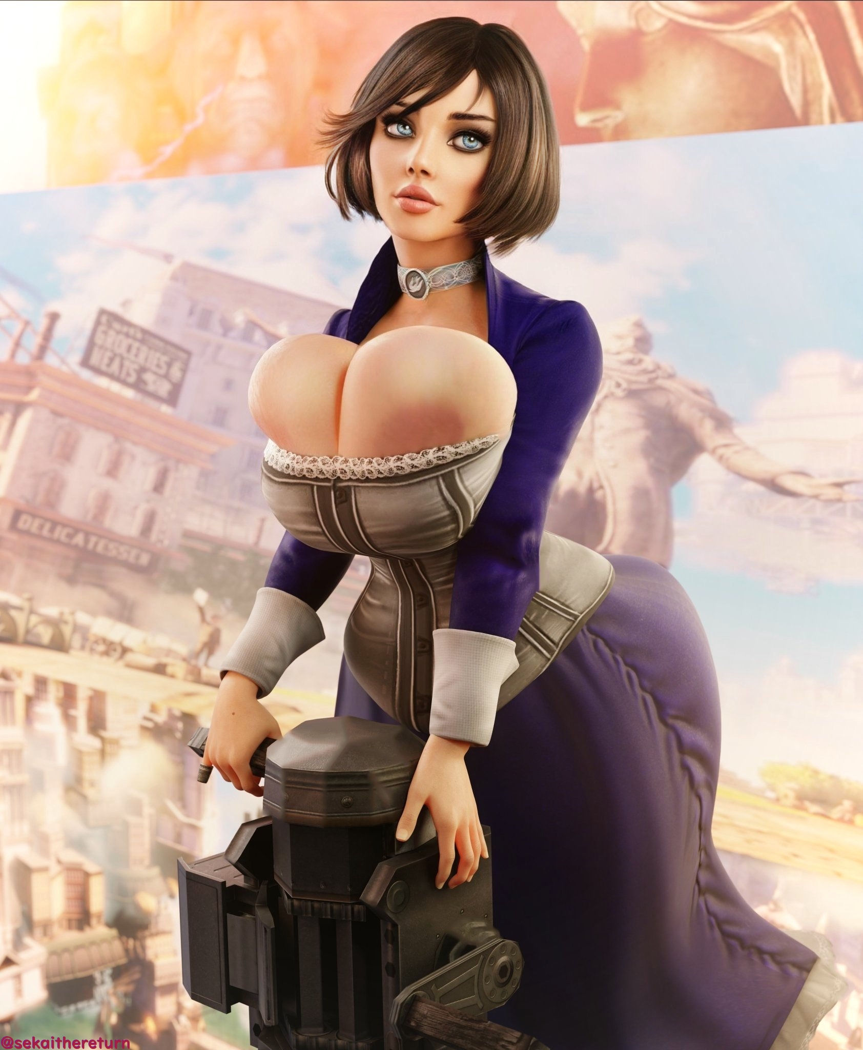 3d, areola slip, areolae, bending forward, big breasts, bioshock, bioshock infinite, blue eyes, bolero, breasts, brown hair, busty, choker, cleavage, corset, elizabeth comstock, female, female focus, female only, hanging breasts, high heels, hourglass figure, huge breasts, large breasts, makeup, overflowing breasts, pinup, pinup pose, sekaithereturn, short hair, skirt, tagme, wide hips