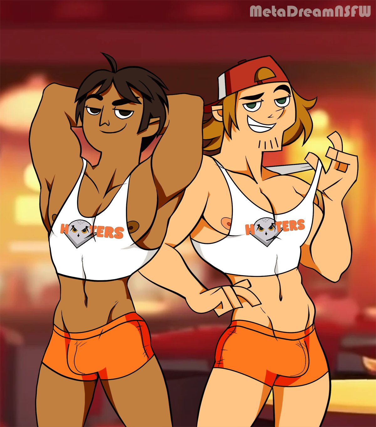 2boys big_bulge bulge crop_top gay hooters hooters_uniform illustration male male/male male_only metadream muscular muscular_male posing raj_(tdi) shorts tagme total_drama_island total_drama_island_(2023) wayne_(tdi)