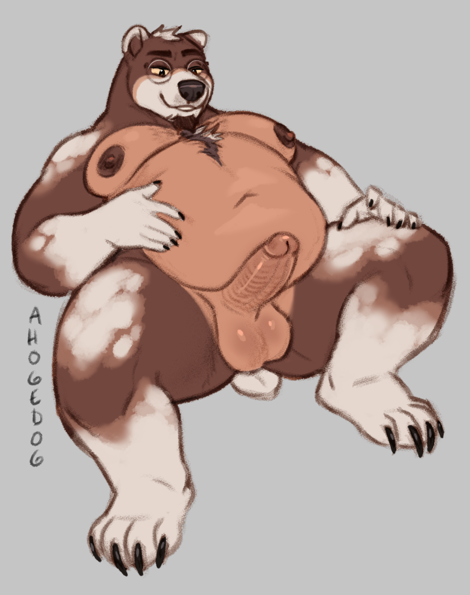 ahogedog anthro balls bear belly big_balls big_belly big_nipples brown_bear chest_tuft circumcised erection eyewear facial_hair genitals glasses graham grizzly_bear hi_res hybrid male mammal moobs nipples nude oral_vore paws penis polar_bear post_vore solo tuft ursine vore vore_belly