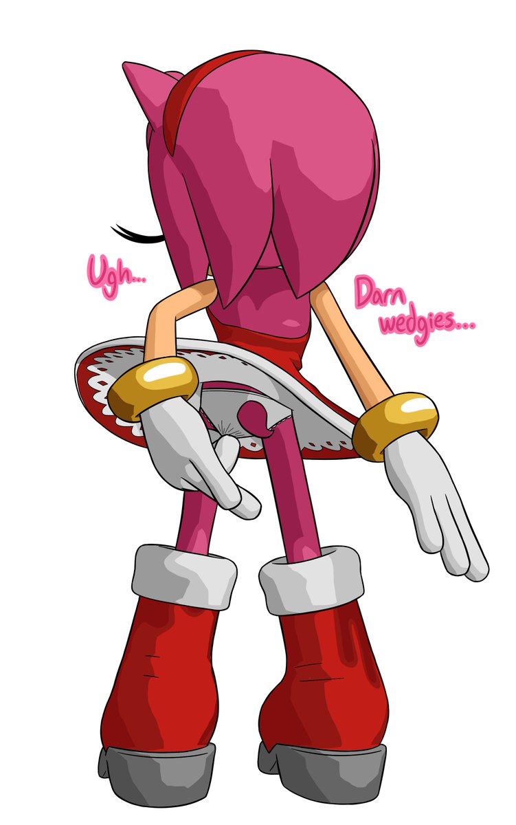 3d amy_rose bare_back bare_legs boots bracelet cel_shading complaining dress exposed_panties eyelashes female furry gloves gold_bracelet hairband highres innocent jewelry legs long_eyelashes medium_hair model on_model panties panty_pull pink_fur pink_hair red_boots red_dress red_hairband sega sonic_(series) sonic_the_hedgehog_(series) standing tail text underwear wedgie white_background white_gloves white_panties white_underwear