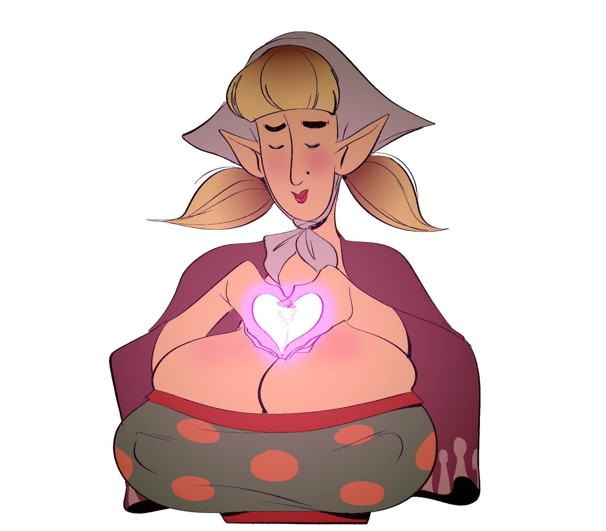 1girls, 2018, blonde, blonde hair, blush, breasts, cleavage, closed eyes, closed eyes smile, clothing, cute, elf ears, eyebrows, eyes closed, female, female only, fingernails, heart hands, huge breasts, lipstick, mole, mole under eye, nails, nintendo, nipple bulge, peatrice, pigtails, red lipstick, skyward sword, slb, the legend of zelda, video games, white background