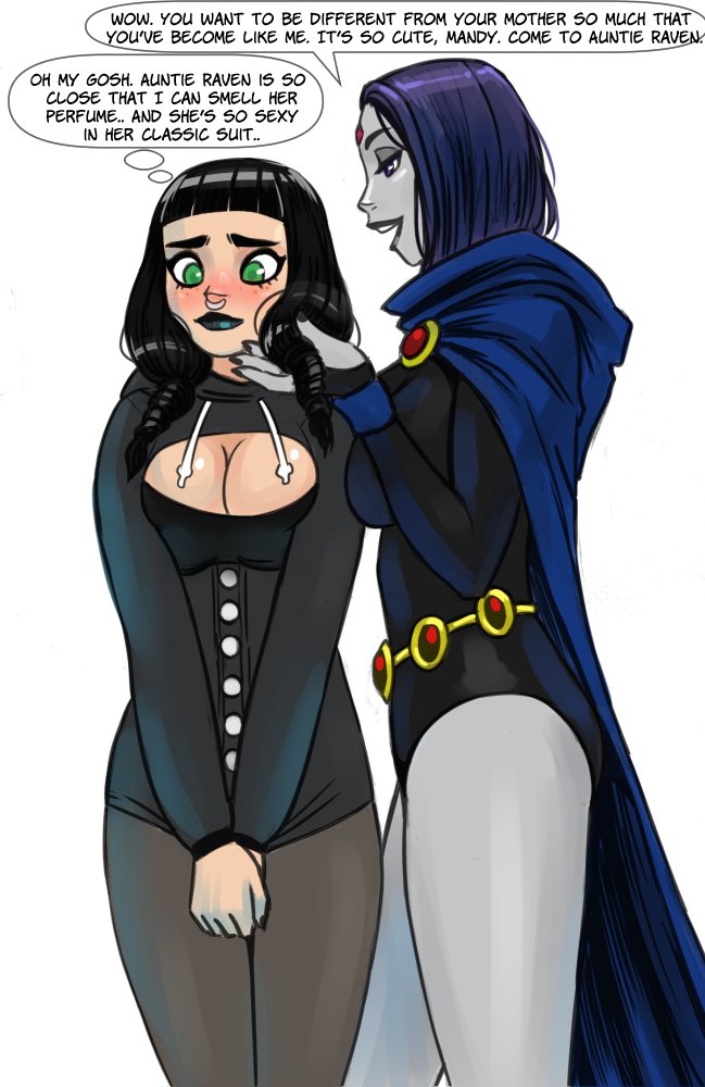 2girls big_breasts black_hair black_lipstick blush cape cartoon_network cleavage dc dc_comics dcau dialogue english_dialogue english_text female/female female_only female_with_female flick flick-the-thief girls girls_only goth goth_girl green_eyes i_am_not_starfire mandy_koriand'r nose_piercing only_female raven_(dc) talking_to_another teen_titans text toonami white_background