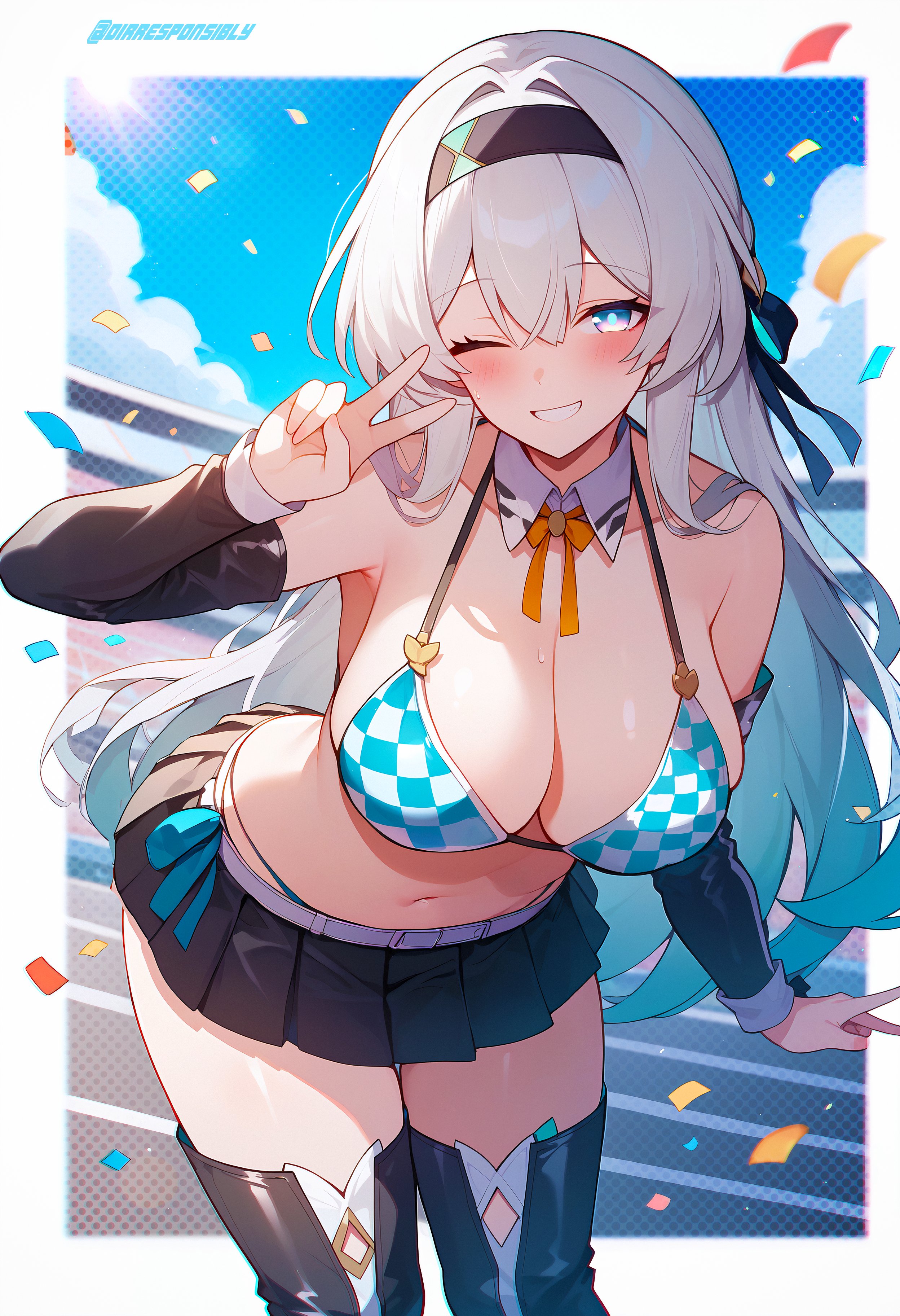1girls, bra, breasts, female, firefly (honkai: star rail), honkai: star rail, large breasts, one eye closed, peace sign, skirt, wink
