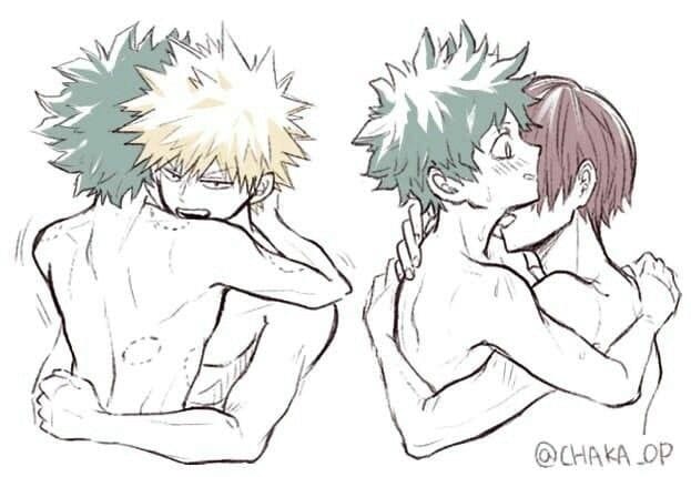 3boys after_sex back bakugou_katsuki bare_back bite bite_mark blonde_hair bones_(company) chaka_op completely_nude freckles gay green_hair hug izuku_midoriya katsuki_bakugou male male/male midoriya_izuku my_hero_academia nude pectorals red_hair scar shirtless shounen_jump shouto_todoroki spiky_hair todoroki_shouto white_hair yaoi