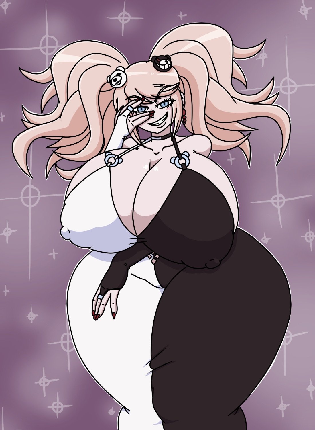 big ass, big breasts, big thighs, black and white clothing, child bearing hips, clothed, curvy, danganronpa, hourglass figure, huge breasts, junko enoshima, looking at viewer, mr.lewd, smirk, smirking, smirking at viewer, smug, smug face, that one random junko dress trend, wide hips
